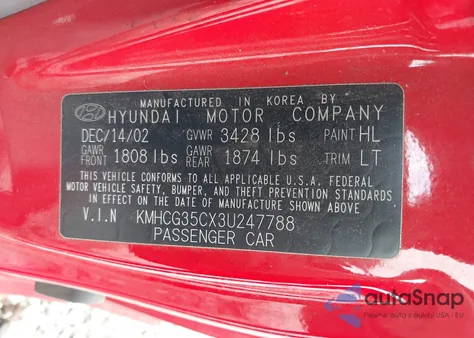 2003 Hyundai Accent Gl from USA, damaged, VIN KMHCG35CX3U247788